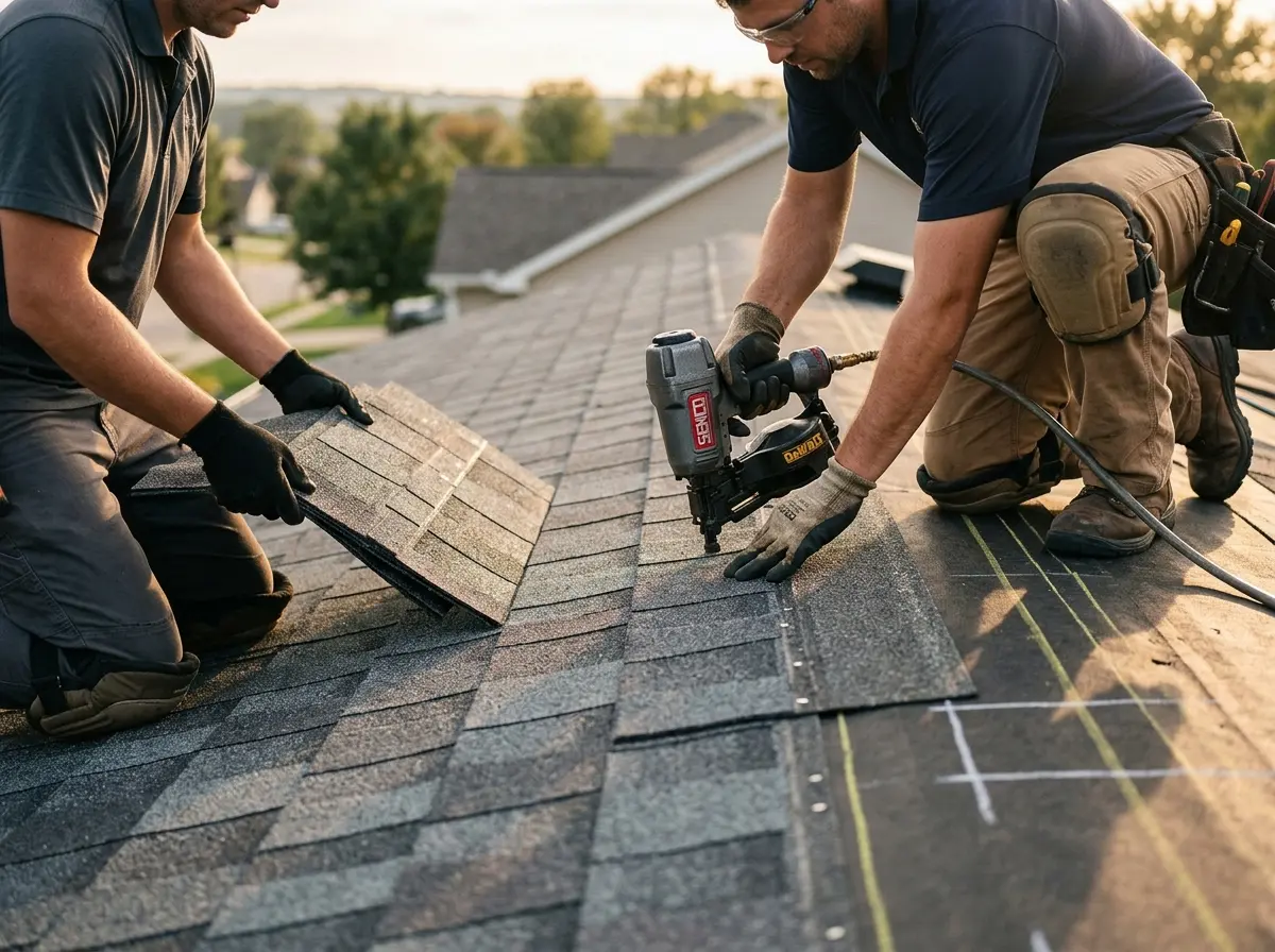 Professional roofer working on a residential roof in Calimesa